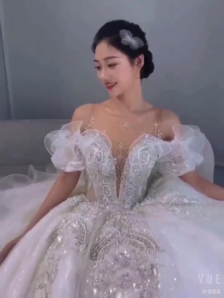 【卡洛】+一字肩韩式拖尾裙