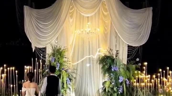 韩式白绿色婚礼森系鲜花布幔婚礼